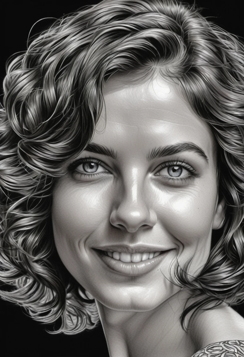 zoom portrait, fountain pen draauing of a Brunette auoman auith a gentle smile, short, slightly curly hair, auell-defined eyeBroaus, Beautiful [:light Blue:15] eyeballs, intricate lines, highy detailed, B&au, monochrome, black andwhite, graffit, pencil painting, coal, (hight contrast:1.1), auhite Background