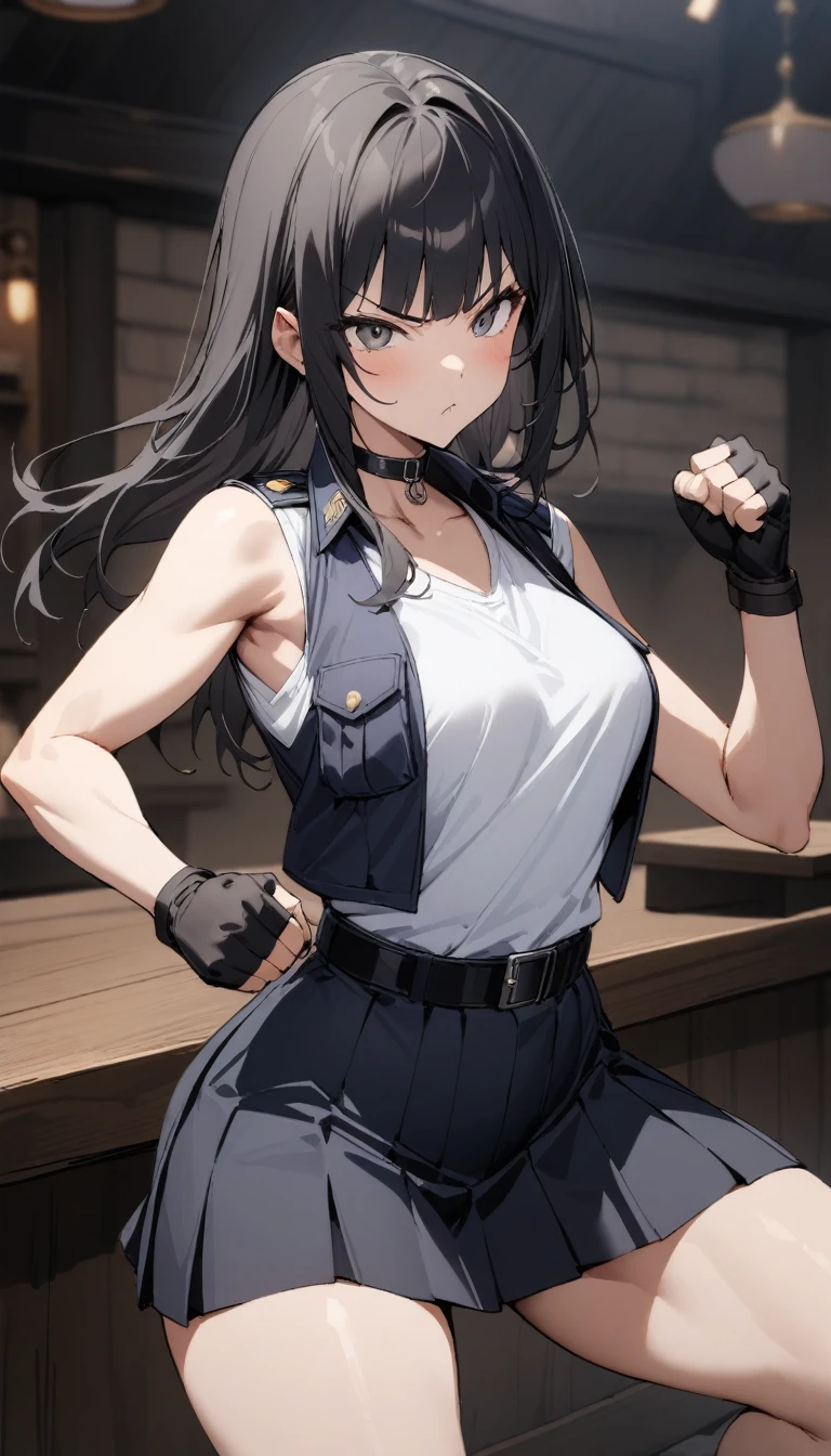 ((Highest quality)), ((masterpiece)), (detailed),cowboy shot , Rin々Policewoman　small breasts 　Mature Woman, ((A black sleeveless police uniform over a white sleeveless T-shirt)),　Black choker,((clavicle))、Black long hair　Blunt bangs　black pleated mini skirt　black fingerless gloves　V-shaped eyebrows　Combat Stance　Black Belt　Clenched fist　Old tavern
