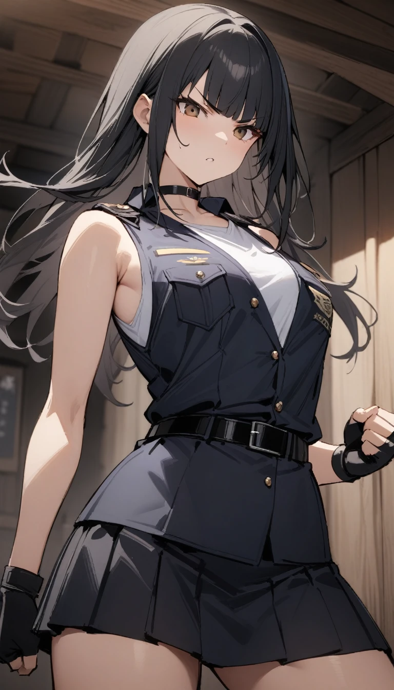((Highest quality)), ((masterpiece)), (detailed),cowboy shot , Rin々Policewoman　small breasts 　Mature Woman, ((A black sleeveless police uniform over a white sleeveless T-shirt)),　Black choker,((clavicle))、Black long hair　Blunt bangs　black pleated mini skirt　black fingerless gloves　V-shaped eyebrows　Combat Stance　Black Belt　Clenched fist　Old tavern