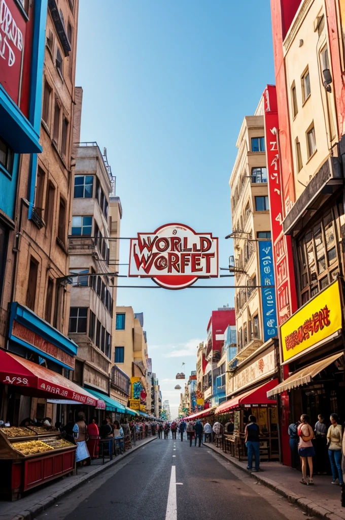 a cartoon style sign that says world street food and the background is white