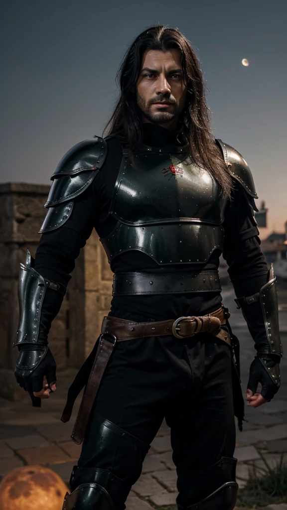 Italian handsome man, age 38, black hair , greeneyes , fine nose, extremamente musculoso, with sinister black armor, holding a longsword, over the red moon