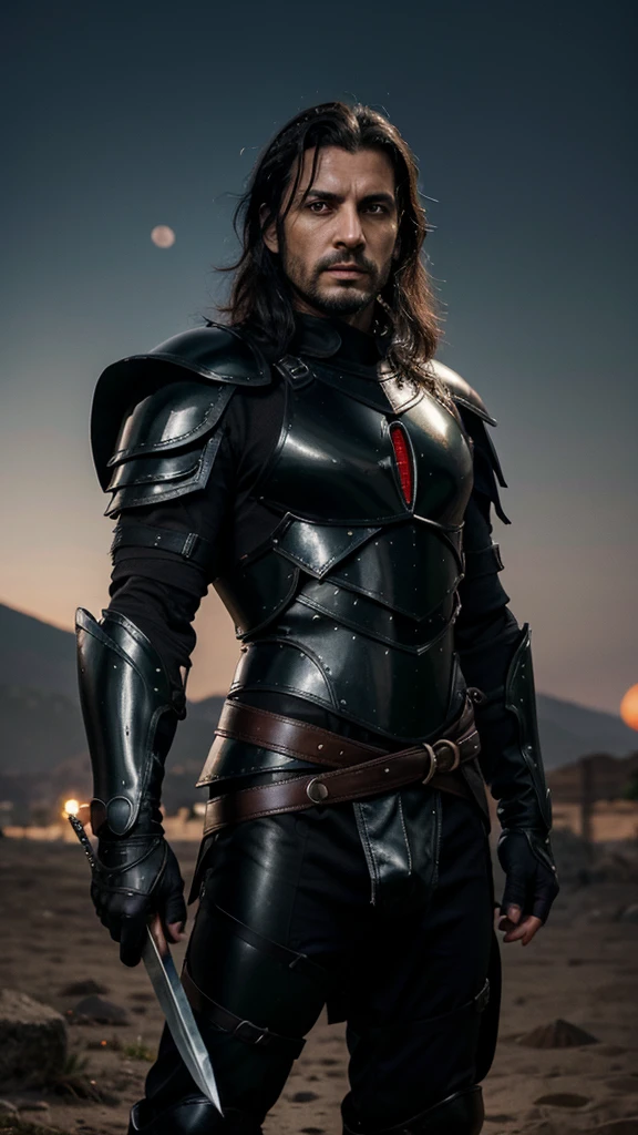 Italian handsome man, age 38, black hair , greeneyes ,  fine nose, extremamente musculoso, with sinister black armor, holding a longsword, over the red moon 
