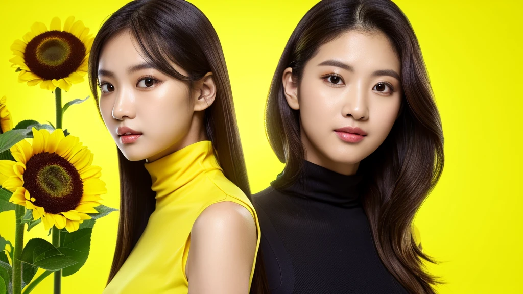 a sunflower and a female,(detailed face),VIVID,pretty,sleeveless and turtle neck yellow silky clothes,4k ,super high resolution ,(photo-realistic: 1.7),((yellow background)),black long hair,