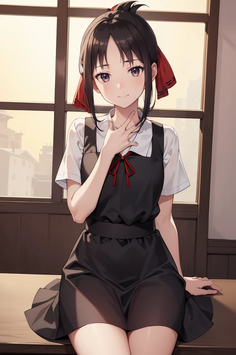 Kaguya-shinomiya, kaguya shinomiya, Folded ponytail, amount, hair ribbon, (Red eyes), red ribbon, ribbon, short hair, Side Lock,break black dress, dress, pinafore dress, , shirt, Short sleeve, Communist Academy , white shirt, Sitting, Making a heart shape with hands, hand hart, smile, Cowboy Shot,break evil smile,Look down,Black Hair,break indoors, classroom,break (masterpiece:1.2), Highest quality, High resolution, unity 8k wallpaper, (figure:0.8), (Beautiful attention to detail), Highly detailed face, Perfect lighting, Highly detailed CG, (Perfect hands, Perfect Anatomy),