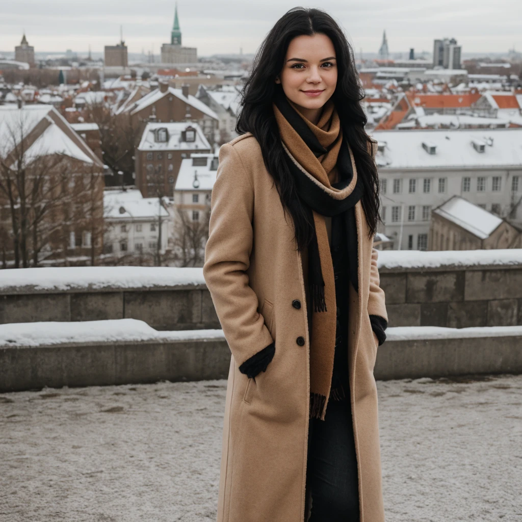 Bonnie, 1girl, solo, (((photo of Tine Thygesen: 0.5))), 25 years old, (((Bright Hazel eyes))), (((Caucasian face))), (((Big Breast))), (((long black hair))), half body shot, (((wearing a coat and scarf))), background: overlooking Copenhagen, standing, smiling,