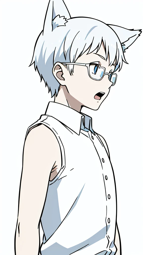 (1boy,,kid),solo,ha,white hair,short hair,fox ears,white shirt,sleeveless,upper body,(white background,line drawing),white glasses,profile,scared,open mouth