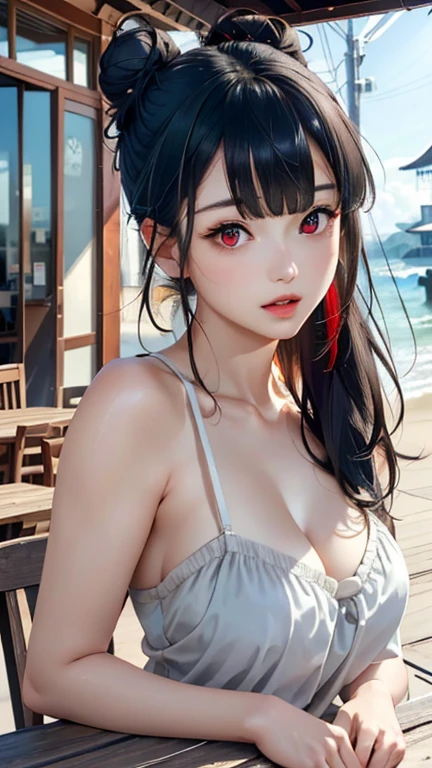 ((Highest quality)), ((masterpiece)), (detailed), Perfect Face , (masterpiece、Ultra-realistic、Ultra HD、A high resolution、16k image、Ultra High Definition Photo Images)、((detailed , masterpiece , official quality , official art , masterpiece , high resolution , ultra detailed , high resolution , extremely detailed CG)) , cool girl , Red Eyes、Red ribbon、long hair、red eyes , make up , dark grey hair , long hair , cute ,(two bun head) , (Bangs, blunt bangs) , chines clothes 、beach , Cafe