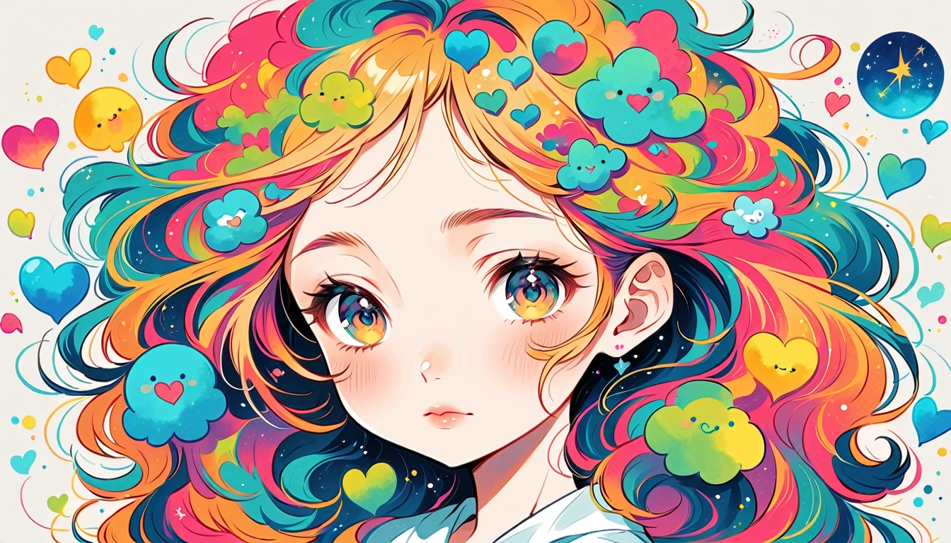 Mika Pikazo style, Simple Line Initialism,Abstract art, colorful hearts ,colorful hearts, (((The most beautiful girl of all time))), Space Travel, Cute and colorful amoeba, Lips in love