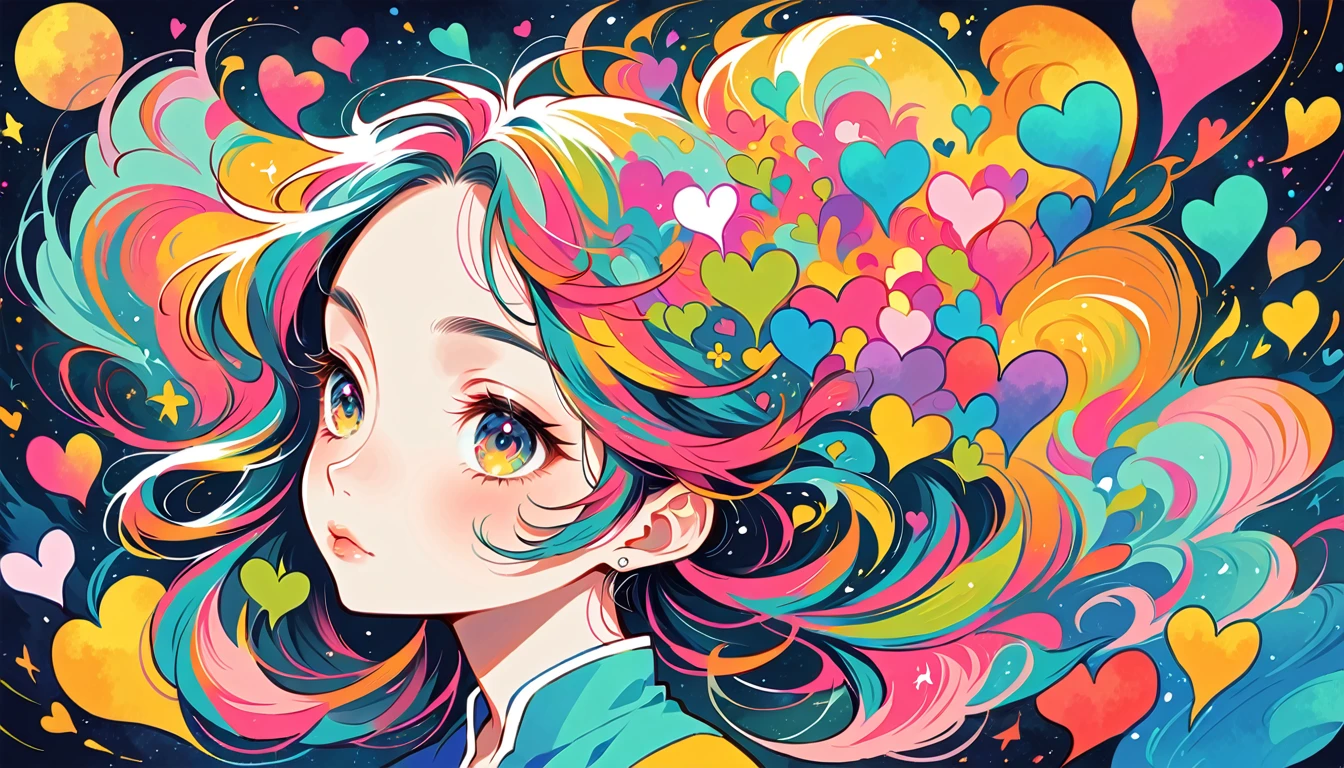 Mika Pikazo style, Simple Line Initialism,Abstract art, colorful hearts ,colorful hearts, (((The most beautiful girl of all time))), Space Travel, Cute and colorful amoeba, Lips in love