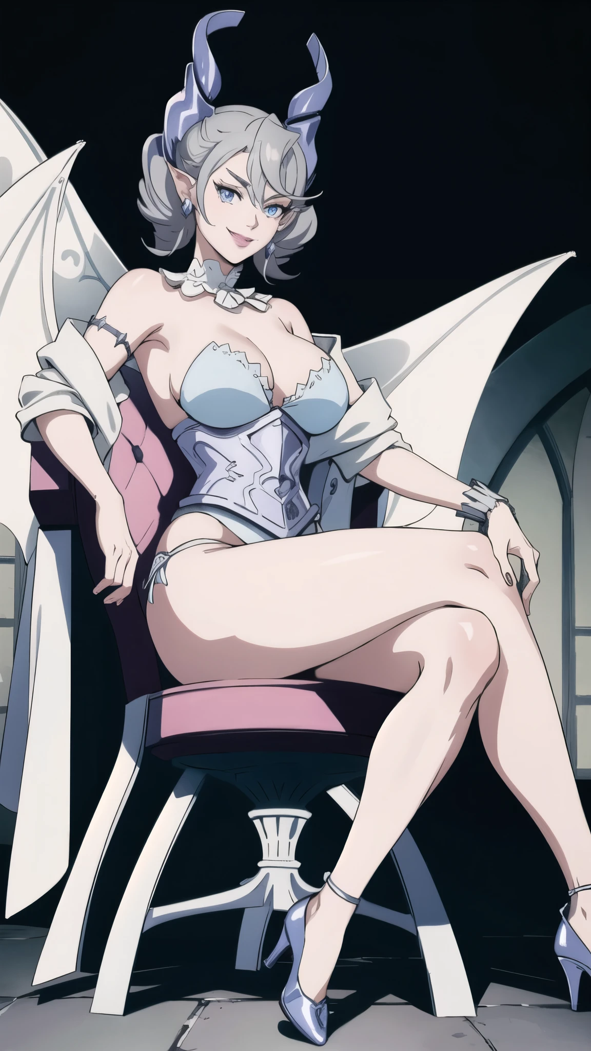 Outside castle top High level image quality best image quality 8K adult woman silver castle outside more colors whole body view portrait bikini horn ears short hair((shortcut)(gray hair)(perm)(fluffy)) eye color is blue , , attractive evil face , smile , sexy pose , labrynth , barearm , wearing pink , wings , sitting on chair ,holding her weapon , crossed legs, view heels , view side