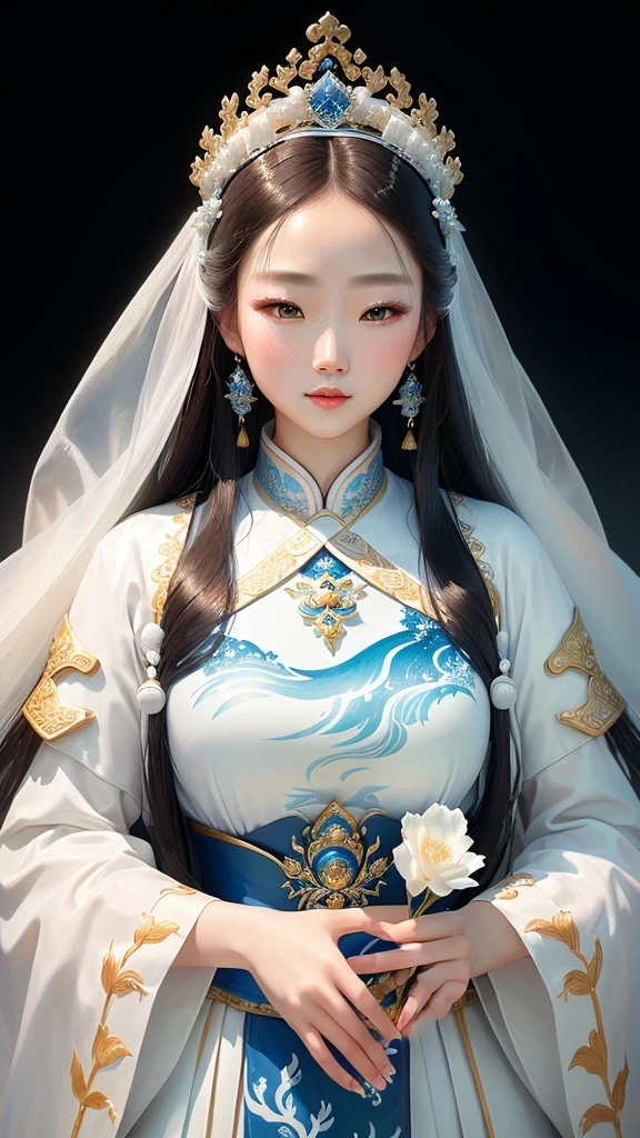 Close-up of woman in white dress and blue skirt, A young woman plays, Queen of the Sea Mu Yanling, Inspired by Huang Ji, Inspired by Lv Ji, Chinese Queen, Chinese Princess, Inspired by trees, Kazakh Queen, Inspired by Zhang Yin, Inspired by Li Tang