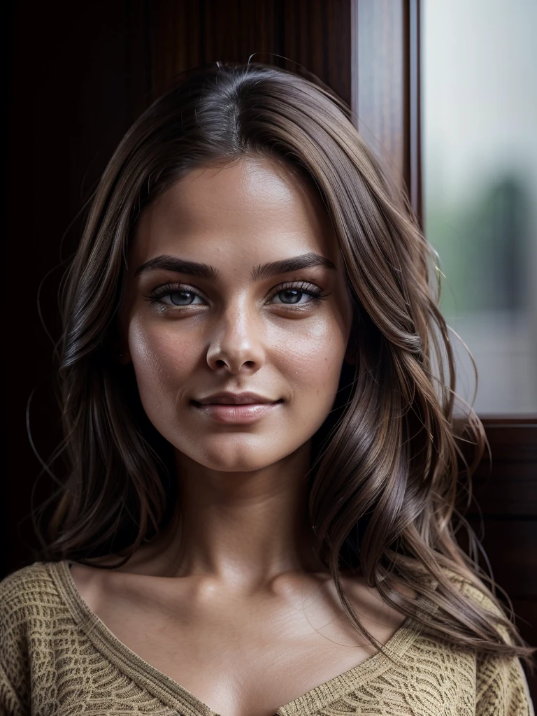 beautiful young woman with long brown hair, thoughtful expression, detailed eyes, beautiful detailed lips, wearing casual shirt, indoor lighting, waist up portrait, (best quality,4k,8k,highres,masterpiece:1.2),ultra-detailed,(realistic,photorealistic,photo-realistic:1.37),vibrant colors,warm lighting,cinematic composition,facing straight at the camera,studio lighting,hyper detailed, dynamic pose, detailed skin texture