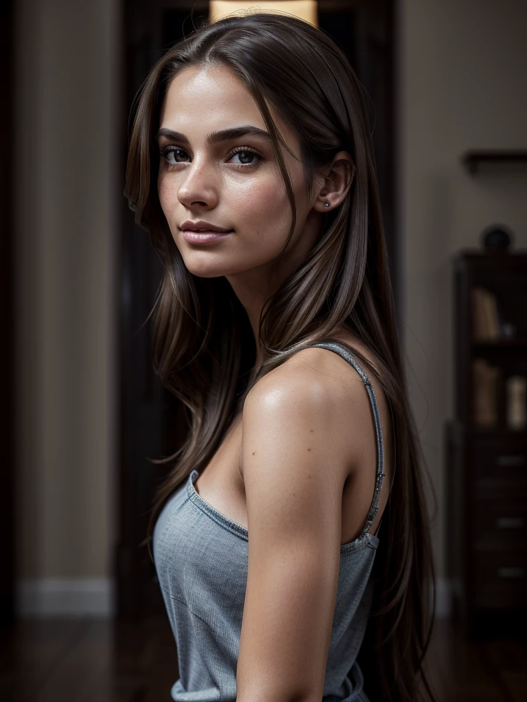 beautiful young woman with long brown hair, thoughtful expression, detailed eyes, beautiful detailed lips, wearing casual shirt, indoor lighting, waist up portrait, (best quality,4k,8k,highres,masterpiece:1.2),ultra-detailed,(realistic,photorealistic,photo-realistic:1.37),vibrant colors,warm lighting,cinematic composition,facing straight at the camera,studio lighting,hyper detailed, dynamic pose, detailed skin texture