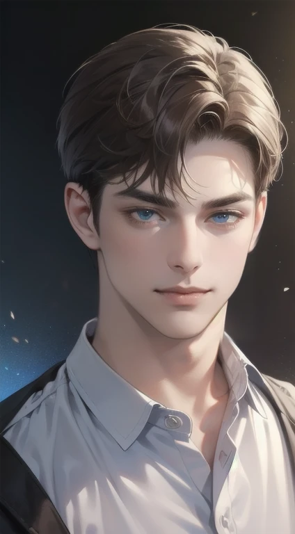 masterpiece, best quality, realistic, 1man, mature male, quiet and charming young man, 35 years old, close his eyes, serious look, ((expression smile in love)) extremely detailed face, smirk, ((dark blue eyes)), ((short-right-swept dark brown hair)), [thick eyebrows], detective, Black background, cinematic lighting, background size is more than the man.