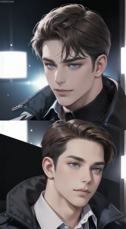 masterpiece, best quality, realistic, 1man, mature male, quiet and charming young man, 35 years old, close his eyes, serious look, ((expression smile in love)) extremely detailed face, smirk, ((dark blue eyes)), ((short-right-swept dark brown hair)), [thick eyebrows], detective, Black background, cinematic lighting, background size is more than the man.