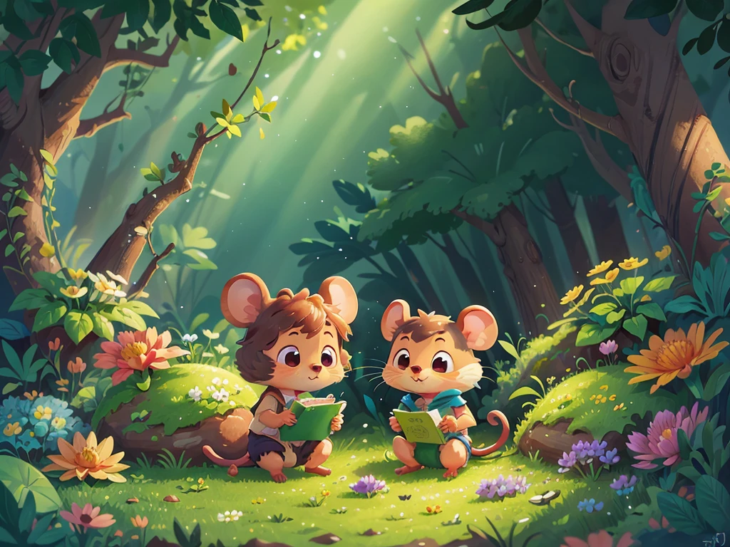 A very cute mouse,Surrounded by beautiful little flowers and nature,This illustration is a 4K high-definition illustration,The facial features are rich in detail,Cartoon Style,Cartoon Animals 1.5,Mouse reading in the forest