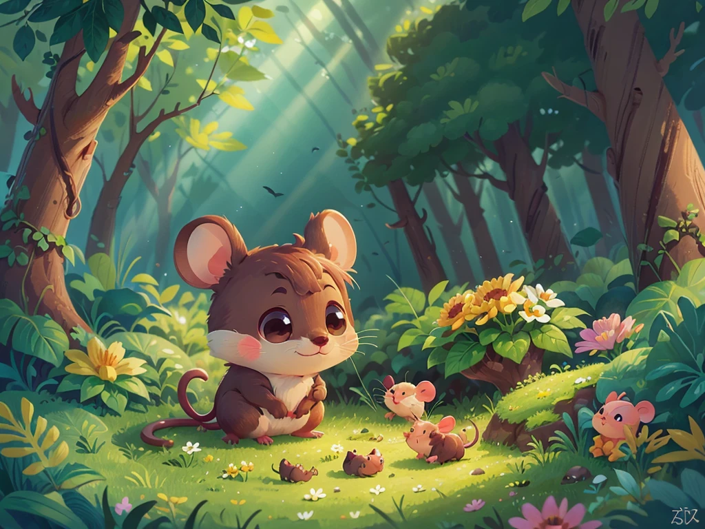 A very cute mouse，Surrounded by beautiful little flowers and nature,This illustration is a 4K high-definition illustration，The facial features are rich in detail，Cartoon Style，Cartoon Animals 1.5，Mouse reading in the forest