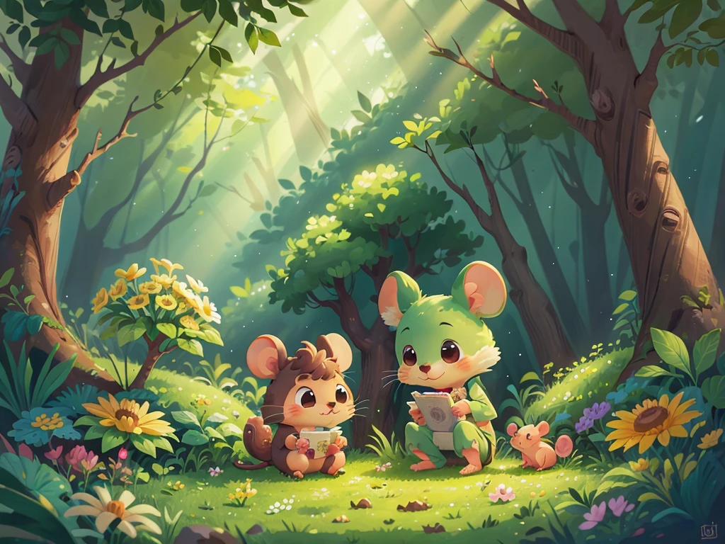 A very cute mouse，Surrounded by beautiful little flowers and nature,This illustration is a 4K high-definition illustration，The facial features are rich in detail，Cartoon Style，Cartoon Animals 1.5，Mouse reading in the forest