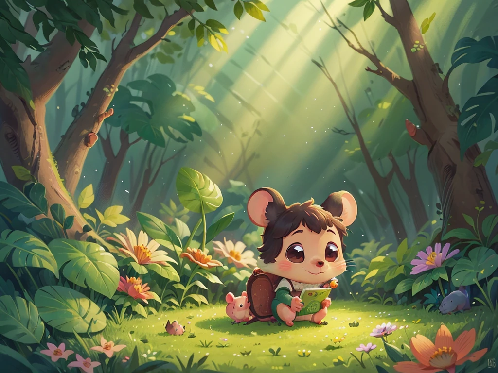 A very cute mouse,Surrounded by beautiful little flowers and nature,This illustration is a 4K high-definition illustration,The facial features are rich in detail,Cartoon Style,Cartoon Animals 1.5,Mouse reading in the forest