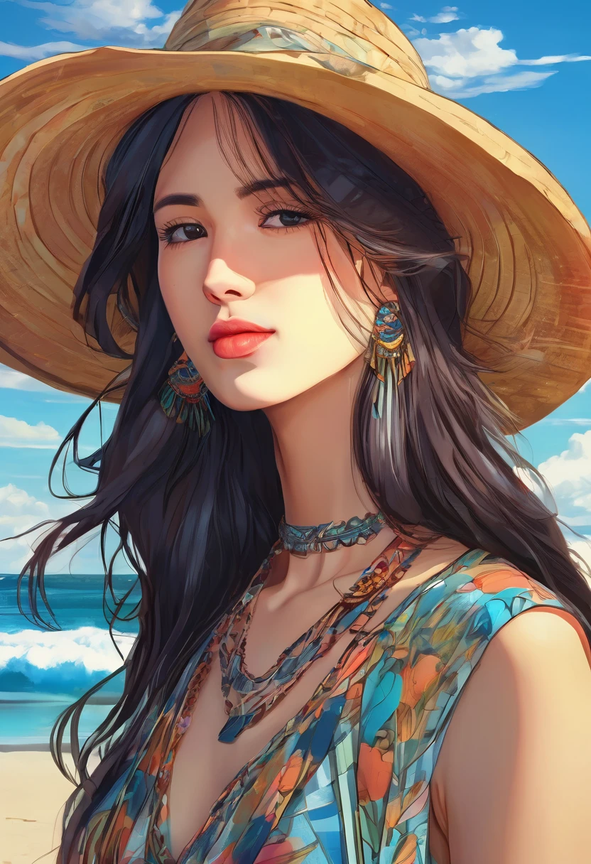 (highres, ultra-detailed, anime, manga:1.3), Tsukasa Hojo style, 1 woman, vibrant bohemian dress, flowing silhouette, layered necklaces, wide-brimmed hat, beachside setting, sunset hues, soft sea breeze, beautiful detailed eyes, beautiful detailed lips, extremely detailed eyes and face, long eyelashes