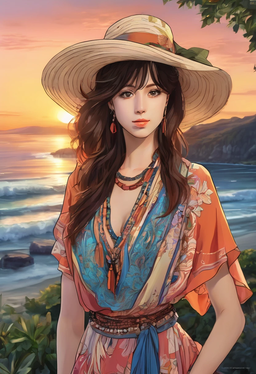 (highres, ultra-detailed, anime, manga:1.3), Tsukasa Hojo style, 1 woman, vibrant bohemian dress, flowing silhouette, layered necklaces, wide-brimmed hat, beachside setting, sunset hues, soft sea breeze, beautiful detailed eyes, beautiful detailed lips, extremely detailed eyes and face, long eyelashes