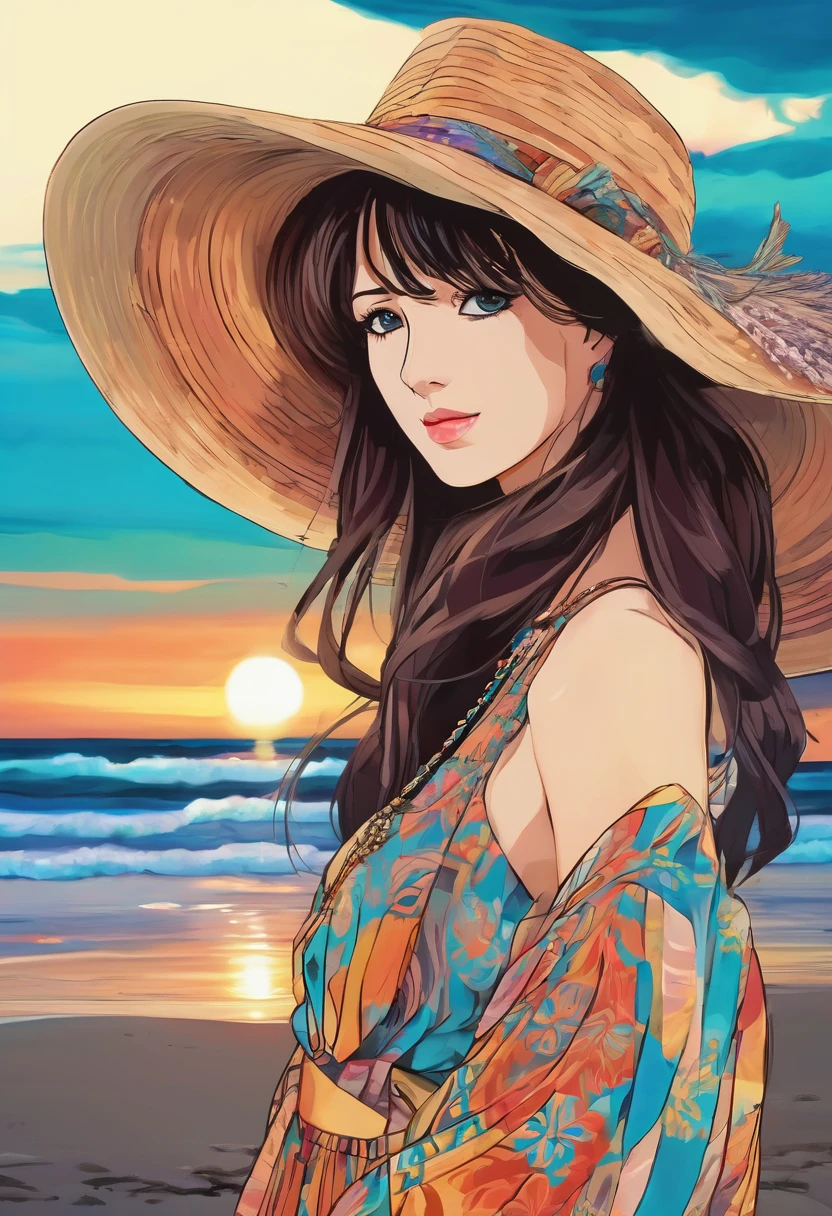 (highres, ultra-detailed, anime, manga:1.3), Tsukasa Hojo style, 1 woman, vibrant bohemian dress, flowing silhouette, layered necklaces, wide-brimmed hat, beachside setting, sunset hues, soft sea breeze, beautiful detailed eyes, beautiful detailed lips, extremely detailed eyes and face, long eyelashes