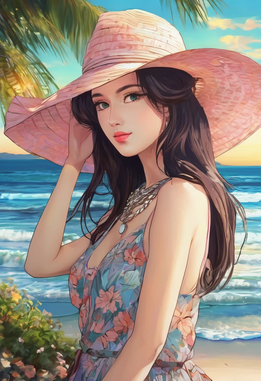 (highres, ultra-detailed, anime, manga:1.3), Tsukasa Hojo style, 1 woman, vibrant bohemian dress, flowing silhouette, layered necklaces, wide-brimmed hat, beachside setting, sunset hues, soft sea breeze, beautiful detailed eyes, beautiful detailed lips, extremely detailed eyes and face, long eyelashes