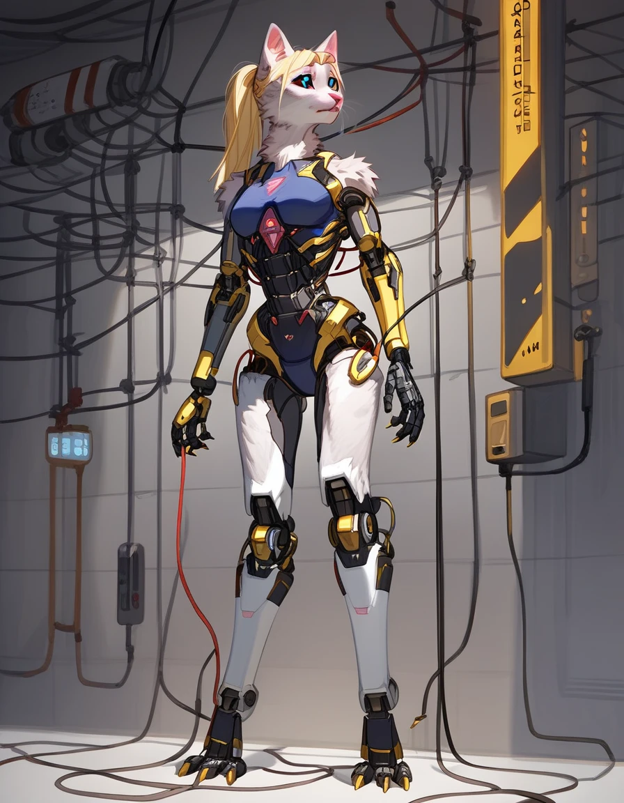 , score_9,score_8_up,score_7_up, (The ultra-detailed)、8K、(Very noble and beautiful))、Cinematic Light、((1 Mechanical anthropomorphic feline girl, Kat, blonde hair in a ponytail, pink nose, :3, silver fur, )) black ceramic body、luminescent android blue eyes, black sclera 、(Mechanical joint:1.4)、((Mechanical limb)), (Mechanical spine attached to the back))、((Mechanical cervical vertebrae attached to neck))、(Wires and cables attached to the head and body:1.5)、 neon details、Science fiction、full body shot, The background is Cyberpunk City、