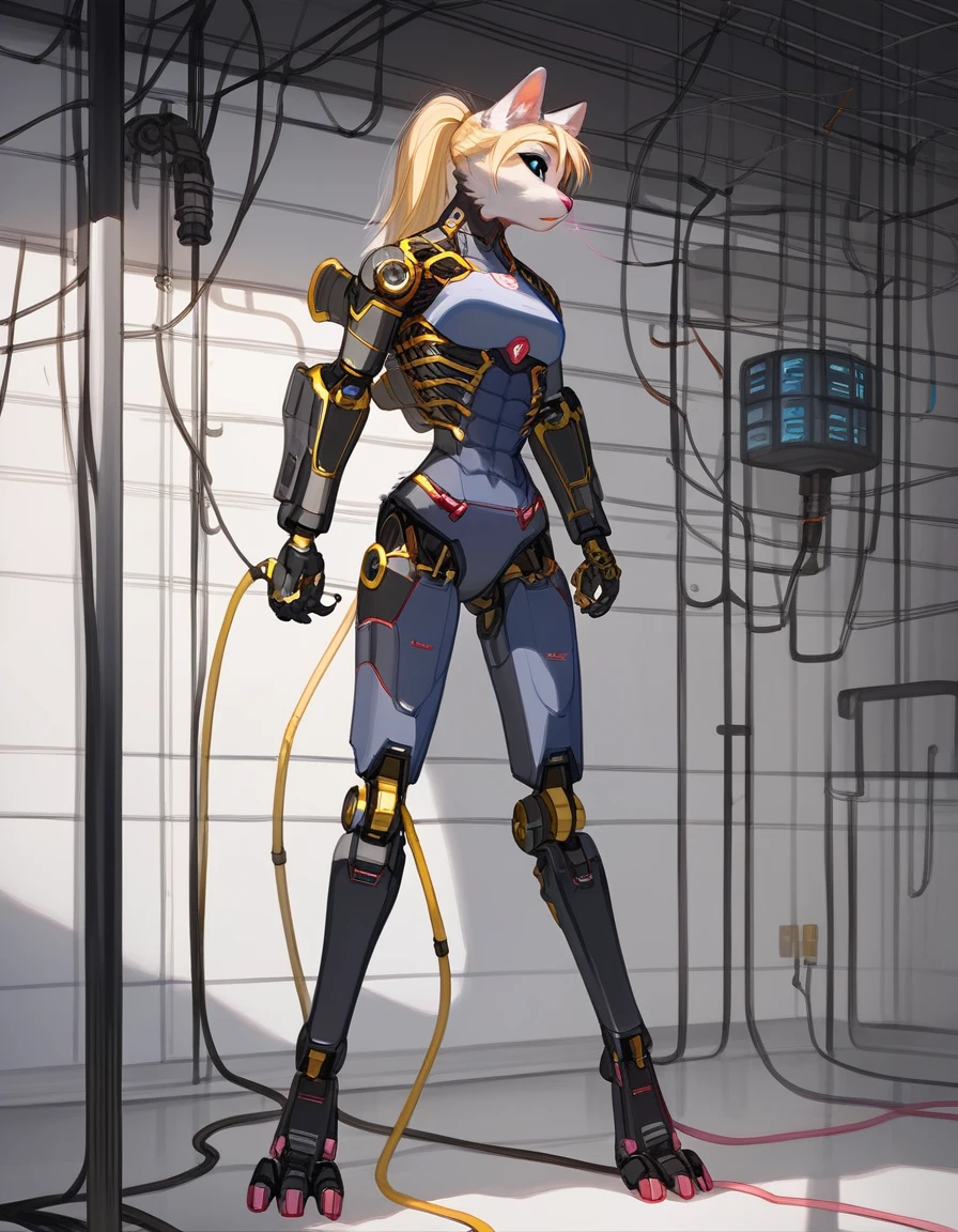 , score_9,score_8_up,score_7_up, (The ultra-detailed)、8K、(Very noble and beautiful))、Cinematic Light、((1 Mechanical anthropomorphic feline girl, Kat, blonde hair in a ponytail, pink nose, :3, silver fur, )) black ceramic body、luminescent android blue eyes, black sclera 、(Mechanical joint:1.4)、((Mechanical limb)), (Mechanical spine attached to the back))、((Mechanical cervical vertebrae attached to neck))、(Wires and cables attached to the head and body:1.5)、 neon details、Science fiction、full body shot, The background is Cyberpunk City、