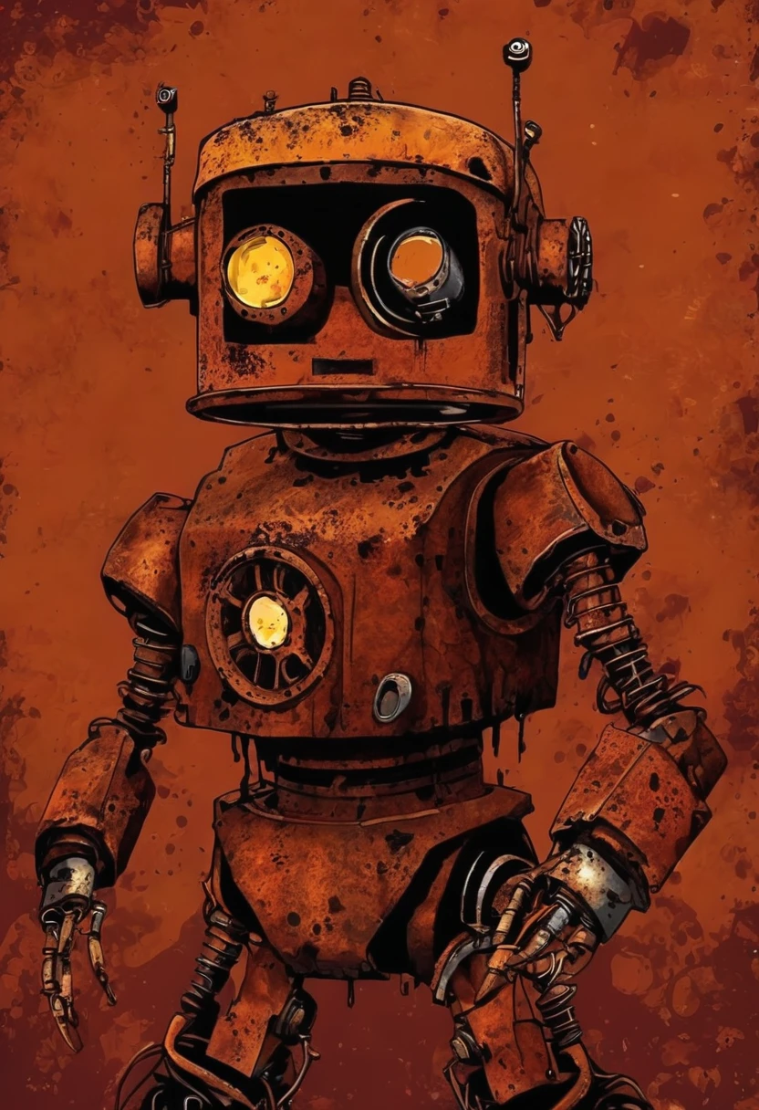 rust robot, rusty robot, without arms or legs, with a bloody skull face, wearing a rusty helmet, horror, creepy, dark place