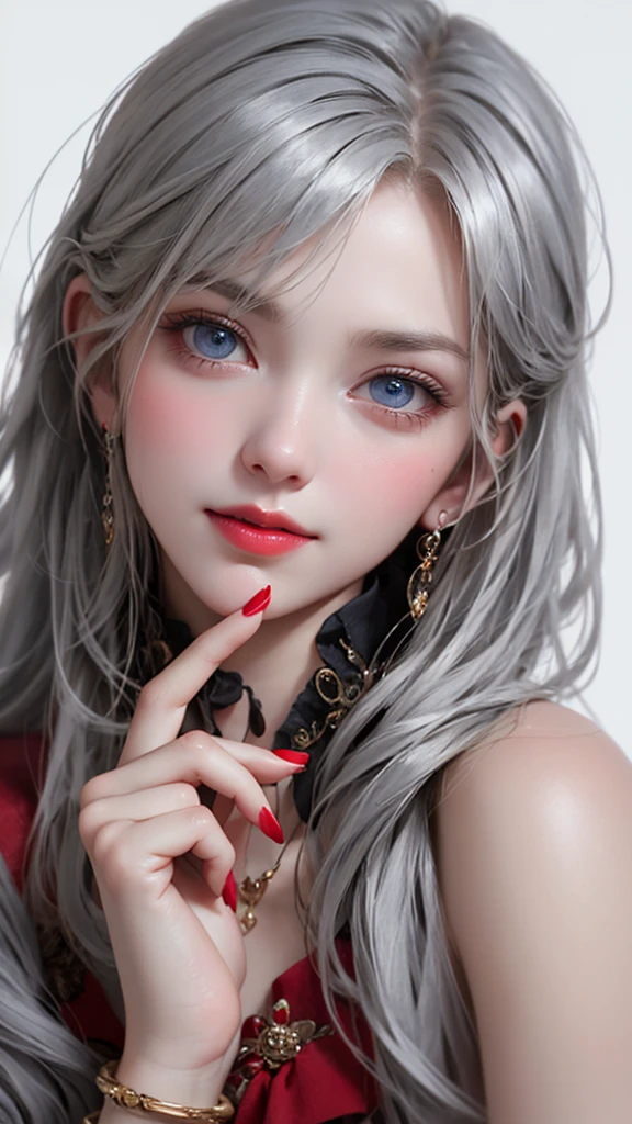 Beauty、　One girl, alone, Long Hair, View your viewers, smile, blue eyes, hair ornaments, White Background, jewelry, Gray Hair, Mouth closed, Blunt bangs, Manicure, bracelet, lips, Grey Eyes, Portraiture, Red nails, close, red lips, put your hand on your face, Put your hand on your cheek,(Mature Woman),(Shiny skin),((Steaming body))