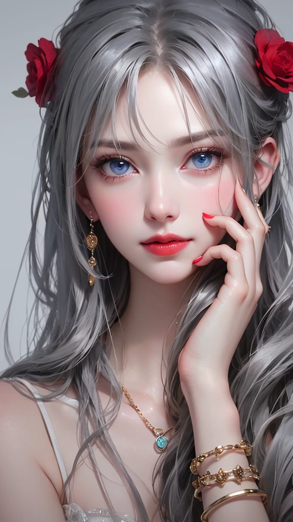 Beauty、　One girl, alone, Long Hair, View your viewers, smile, blue eyes, hair ornaments, White Background, jewelry, Gray Hair, Mouth closed, Blunt bangs, Manicure, bracelet, lips, Grey Eyes, Portraiture, Red nails, close, red lips, put your hand on your face, Put your hand on your cheek,(Mature Woman),(Shiny skin),((Steaming body))