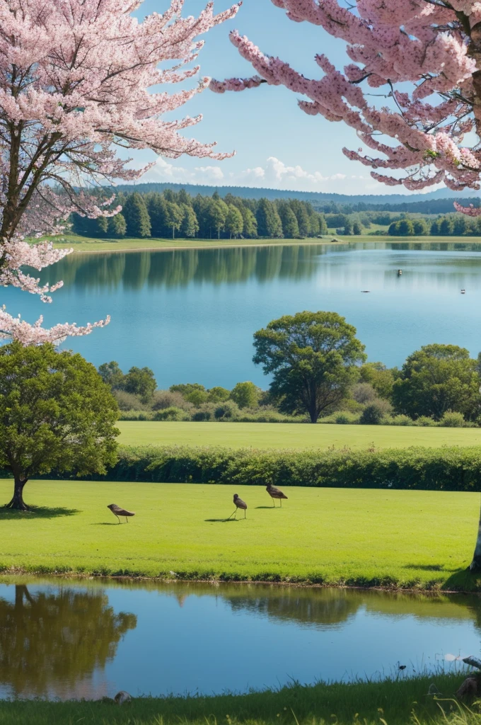 A place with a field and a lake, big trees, birds in a spring morning