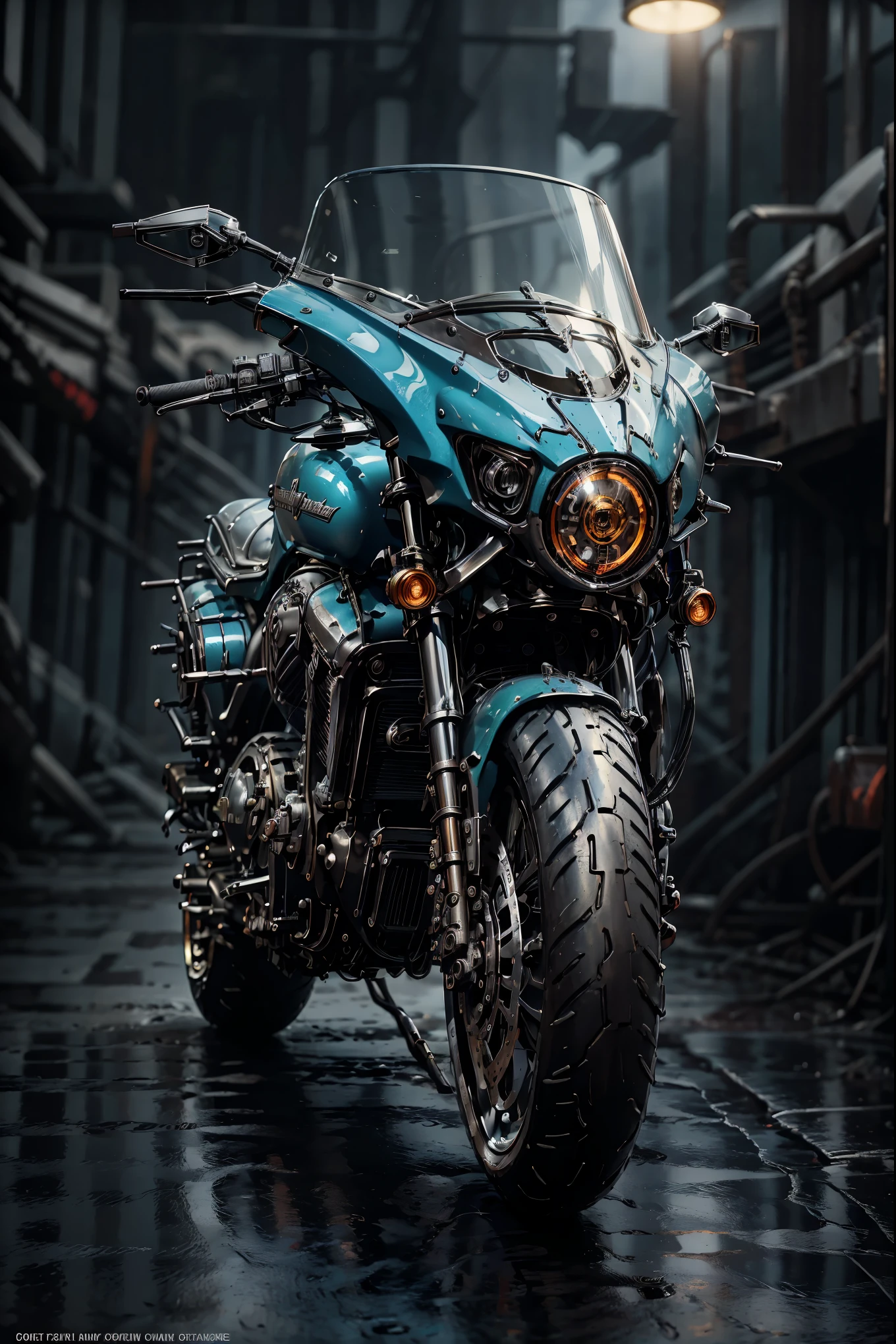 a highly detailed harley davidson motorcycle, hyper realistic, photorealistic, 8k, masterpiece, intricate mechanical details, chrome, shiny metallic body, glossy paint, dynamic angles, dramatic lighting, cinematic mood, depth of field, gritty urban background, moody atmosphere