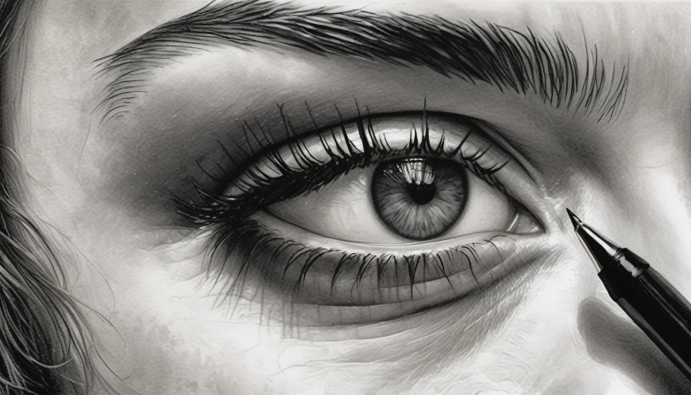 zoom portrait, fountain pen draauing of a Brunette auoman auith a gentle smile, short, slightly curly hair, auell-defined eyeBroaus, Beautiful [:light Blue:15] eyeballs, intricate lines, highy detailed, B&au, monochrome, black andwhite, graffit, pencil painting, coal, (hight contrast:1.1), auhite Background