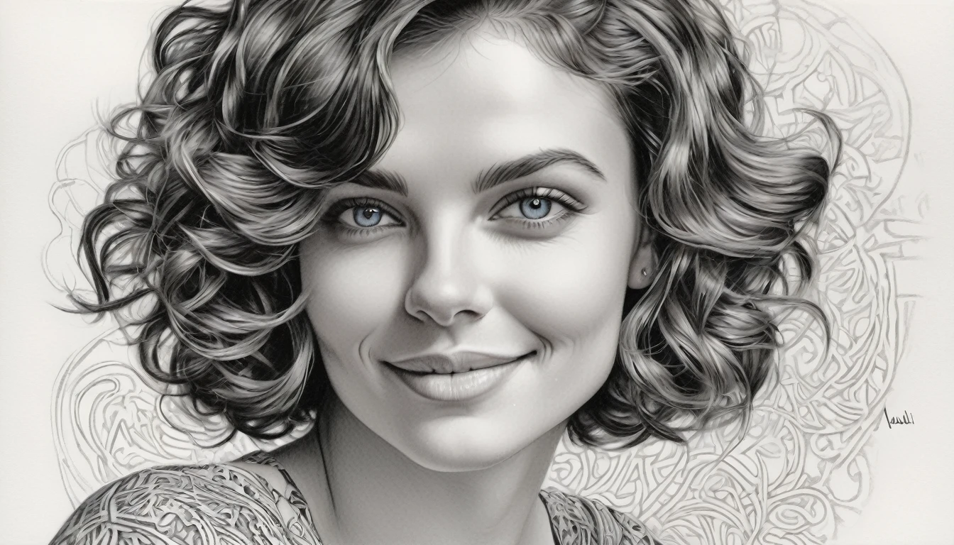 zoom portrait, fountain pen draauing of a Brunette auoman auith a gentle smile, short, slightly curly hair, auell-defined eyeBroaus, Beautiful [:light Blue:15] eyeballs, intricate lines, highy detailed, B&au, monochrome, black andwhite, graffit, pencil painting, coal, (hight contrast:1.1), auhite Background