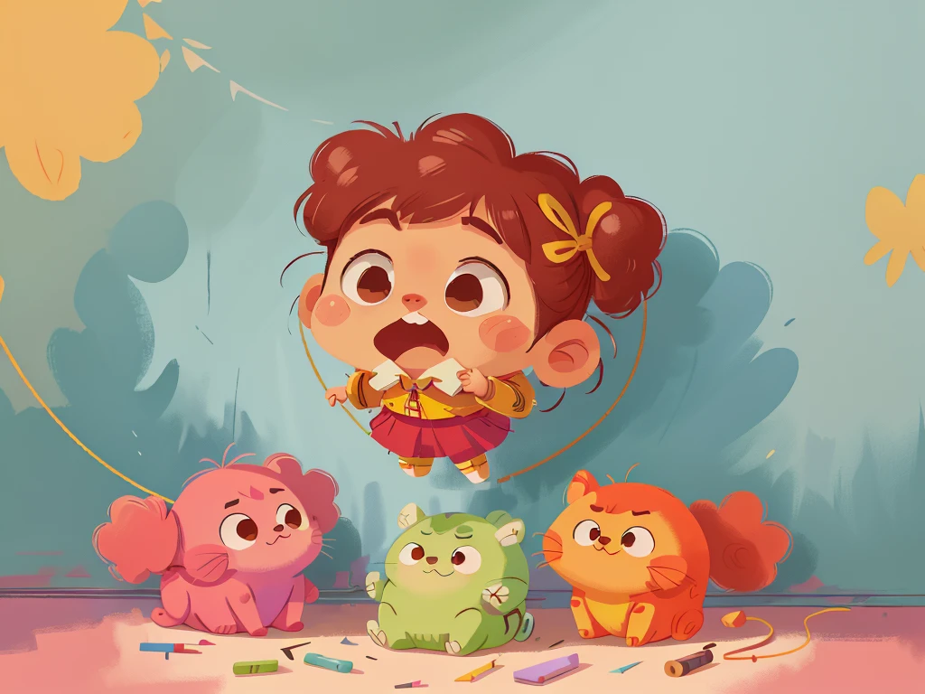 This illustration is a 4K high-definition illustration,The facial features are rich in detail,Cartoon Style,Cartoon Animals 5.1,cute,A toy,There are scattered toys around,There are ribbons hanging down from the wall