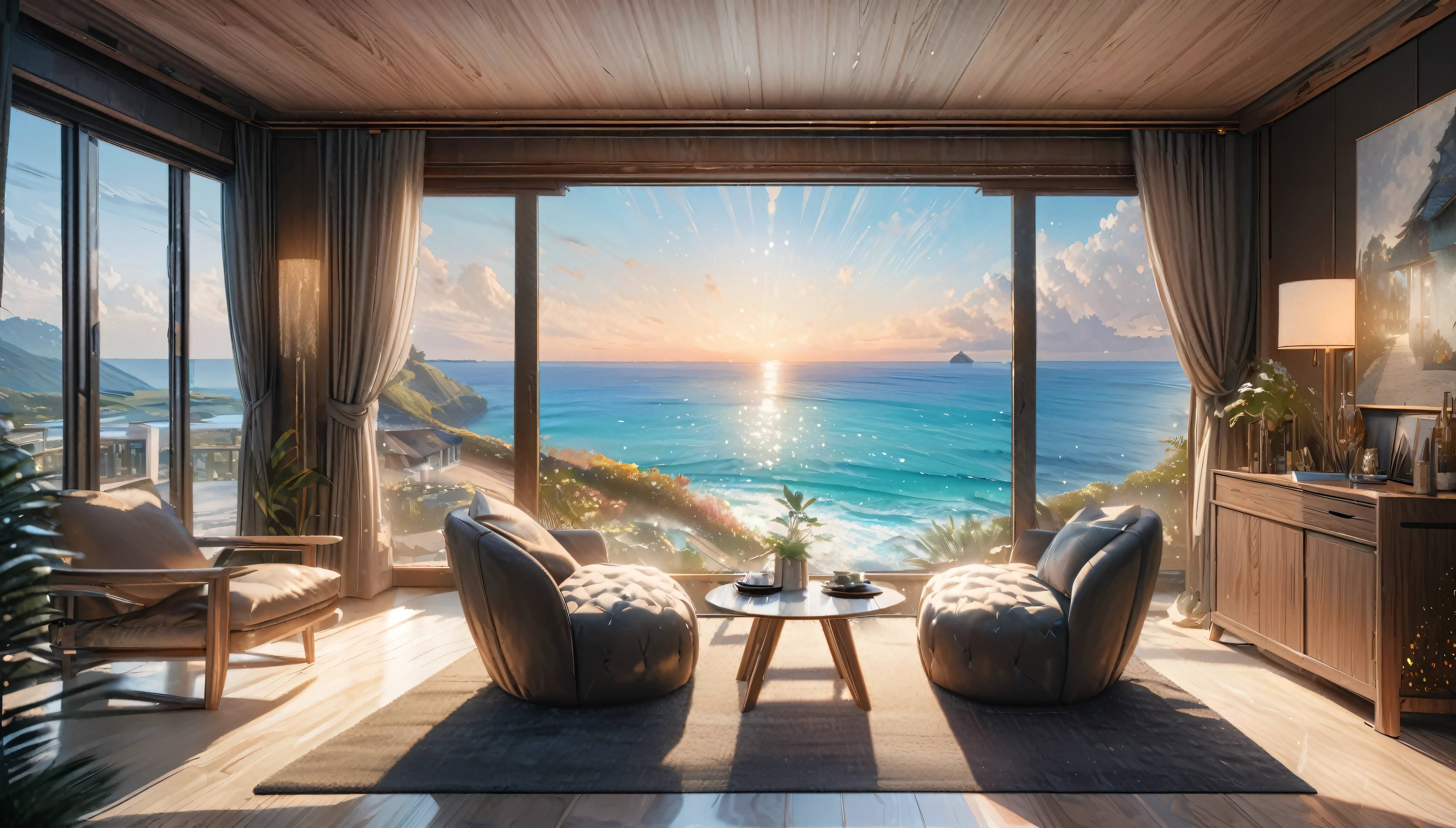 Holiday Homes, Large windows and beautiful views,Inside the room,Blur the background,Pleasant sea breeze,Glitter effect,Highest quality, 8K, High resolution, masterpiece:1.2, Very detailed, Realistic:1.37, High resolution, 超High resolution, Ultra-fine painting, Very detailed, Professional, Vibrant colors