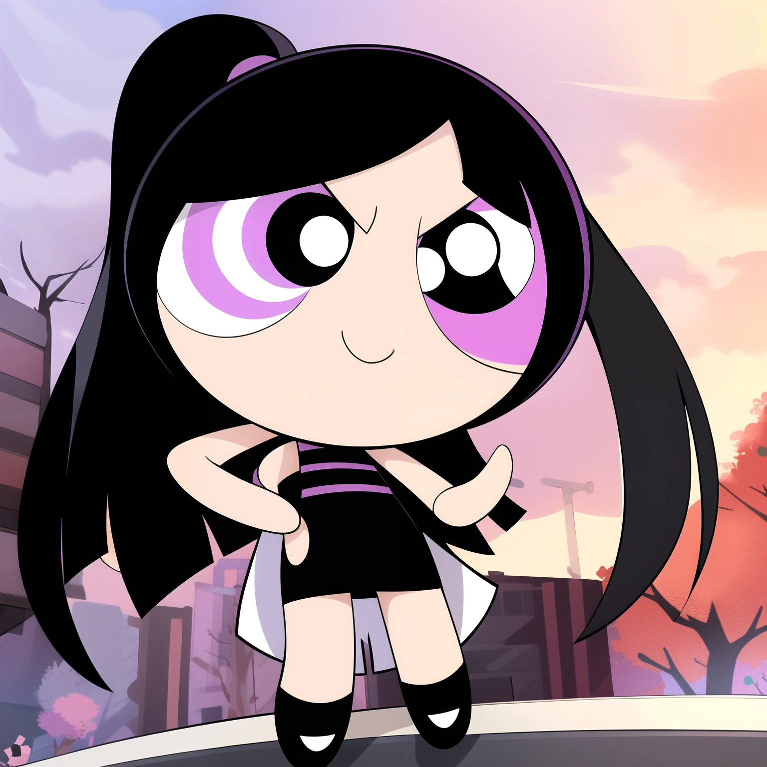 cute smile, full body, 1girl , chibi, black hair ponytail, black eyes, purple black Goth outfit, multicolored hair,
