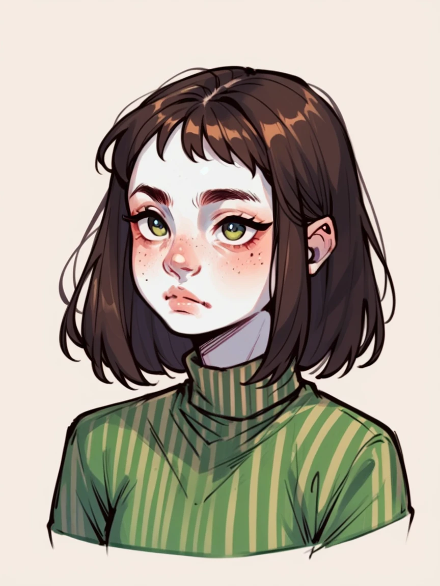 score_9, score_8_up, score_7_up, score_6_up, score_5_up, score_4_up,  c0l0ursk3tch, sketch, 11 ??? girl, white skin, dark brown hair and eyes, simple background, green striped sweater