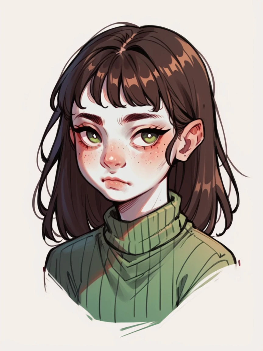 score_9, score_8_up, score_7_up, score_6_up, score_5_up, score_4_up, c0l0ursk3tch, sketch, 11 ??? girl, white skin, dark brown hair and eyes, simple background, green striped sweater