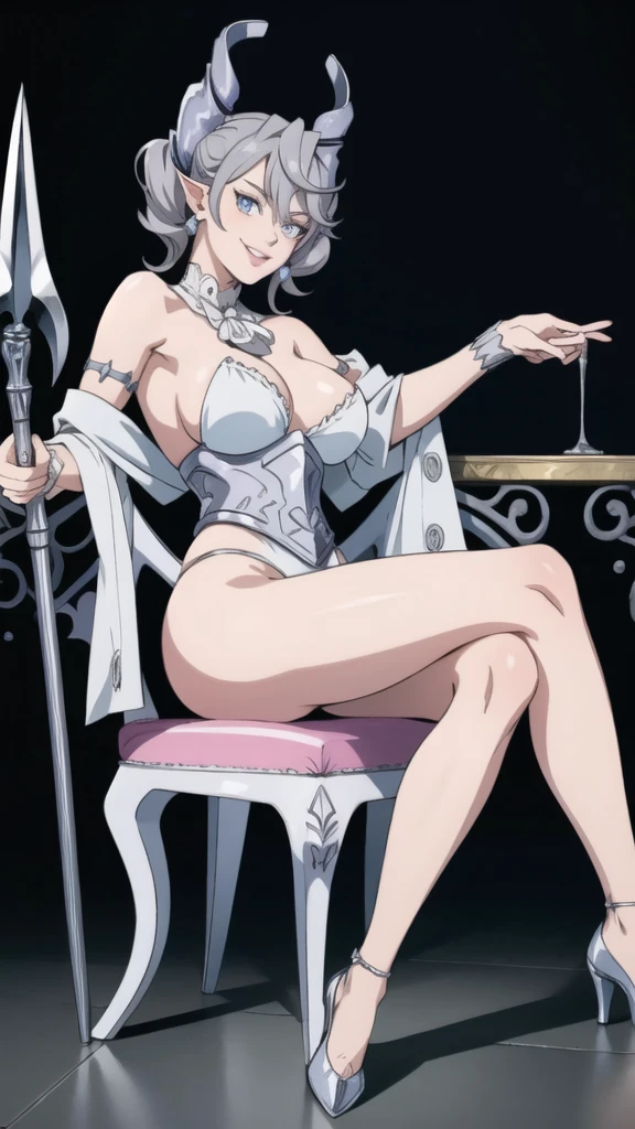 Outside castle top High level image quality best image quality 8K adult woman silver castle outside more colors whole body view portrait bikini horn ears short hair((shortcut)(gray hair)(perm)(fluffy)) eye color is blue , , attractive evil face , smile , y pose , labrynth , barearm , wearing pink , wings , sitting on chair ,holding her weapon , crossed legs, view heels , view side