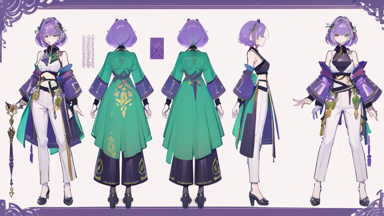 (Masterpiece, best quality), detailed, 1 woman, ((character concept art)), ((character design sheet, same character, front, side, back)), full body, body complete, 1 female, 1 women. Detailed face, character design sheet full body, Highly detailed, character sheet, character design, Many parts, pale skin, green eyes, short purple hair, lavender flower reference, lavender flower character reference, lavender flower inspired, male clothes, flat chest, Solarpunk, Solarpunk reference, Solarpunk based outfit, pants, green, dark gray, gold.