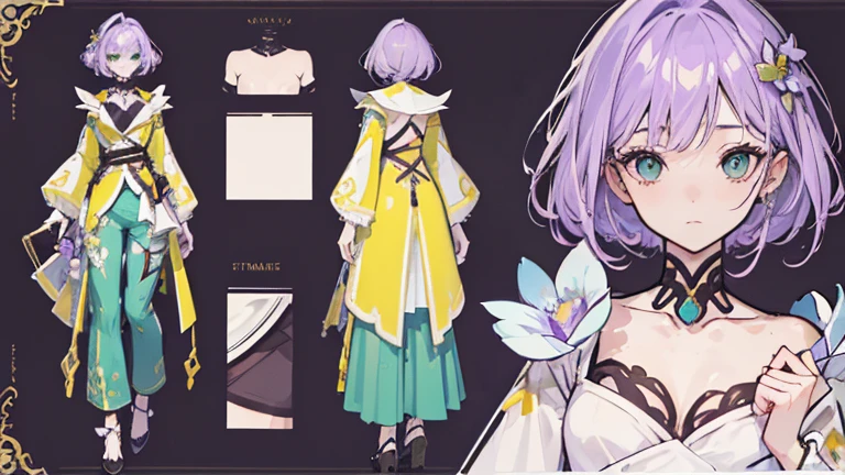 (Masterpiece, best quality), detailed, 1 woman, ((character concept art)), ((character design sheet, same character, front, side, back)), full body, body complete, 1 female, 1 women. Detailed face, character design sheet full body, Highly detailed, character sheet, character design, Many parts, pale skin, green eyes, short purple hair, lavender flower reference, lavender flower character reference, lavender flower inspired, male clothes, flat chest, Solarpunk, Solarpunk reference, Solarpunk based outfit, pants, green, dark gray, gold.