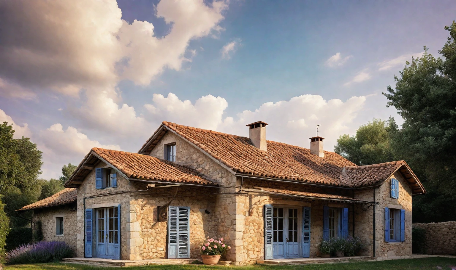French farmhouse exterior, rustic, stone walls, steep roof, clay tiles, blue shutters, climbing roses, lavender, countryside, warm light, photorealistic, architectural