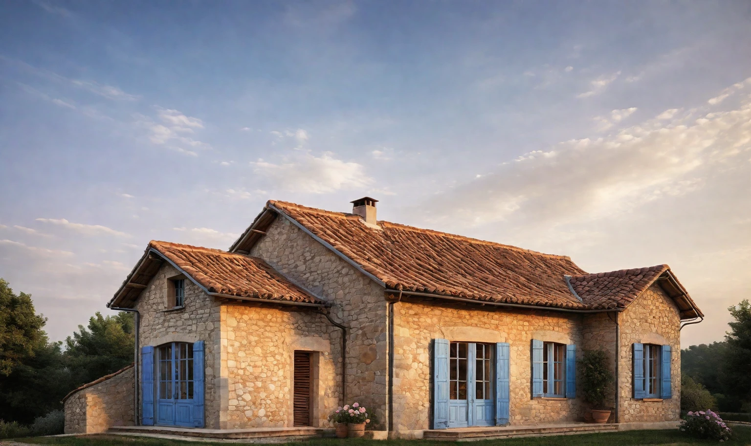 French farmhouse exterior, rustic, stone walls, steep roof, clay tiles, blue shutters, climbing roses, lavender, countryside, warm light, photorealistic, architectural