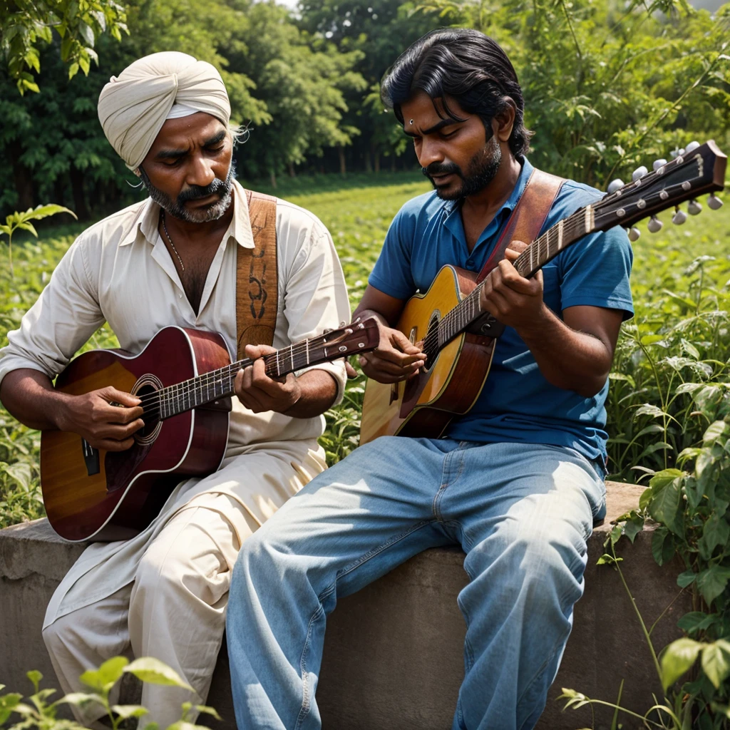 An farmer indian men with a guitar singing,