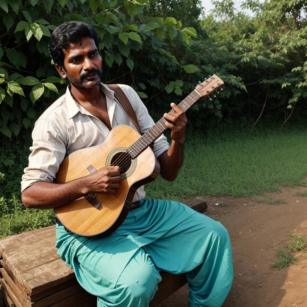 An farmer indian men with a guitar singing,