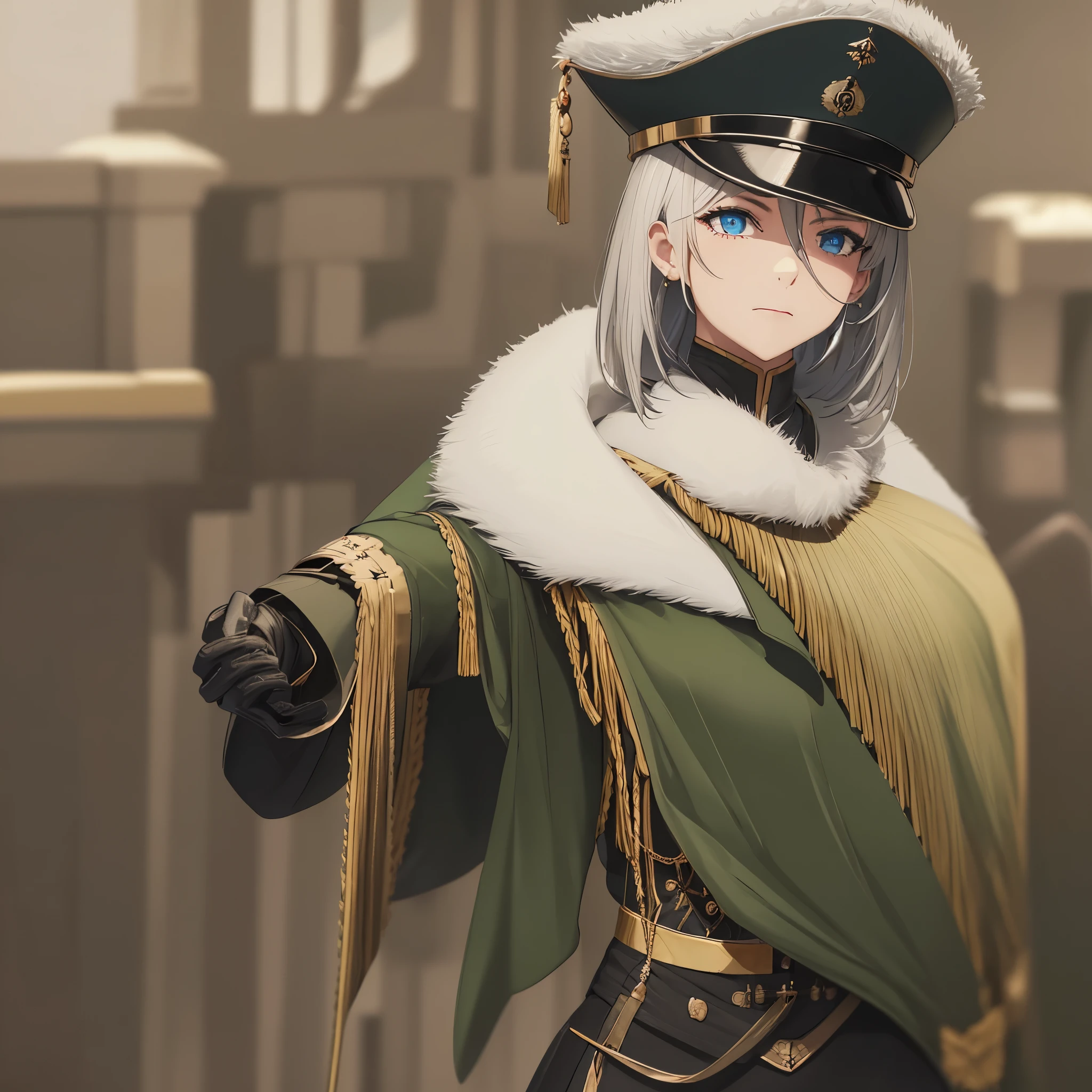 A woman wearing a hussar geman uniform from the Prussian period, a uniform with moss green, golden shoulder pads, a moss green fur cape, black leather boots, a hussar geman hat with a silver skeleton on the hat, white hair, short hair, blue eyes, serious face, postured standing on a concrete walkway, background ancient german castle, daytime location,. UHD , prime work , accurate , anatomically correct , textured skin , super details , high quality , best quality, 8k, high resolution, bokeh effect. (woman alone)
