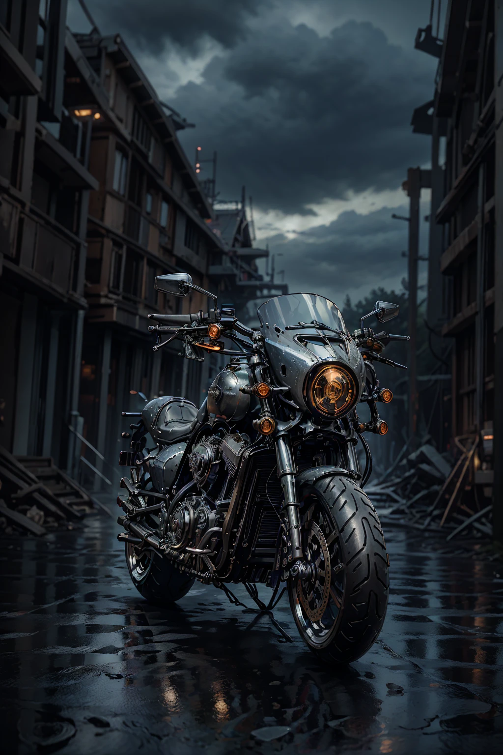 vista de perfil, a highly detailed harley davidson motorcycle, hyper realistic, photorealistic, 8k, masterpiece, intricate mechanical details, chrome, shiny metallic body, glossy paint, dynamic angles, dramatic lighting, cinematic mood, depth of field, gritty urban background, moody atmosphere